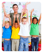 kids with their teacher raising their hands